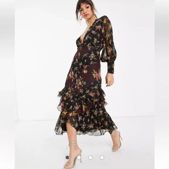 ASOS Dresses & Skirts - ASOS Mixed Floral Plunge Button-Front Midi Dress EUC